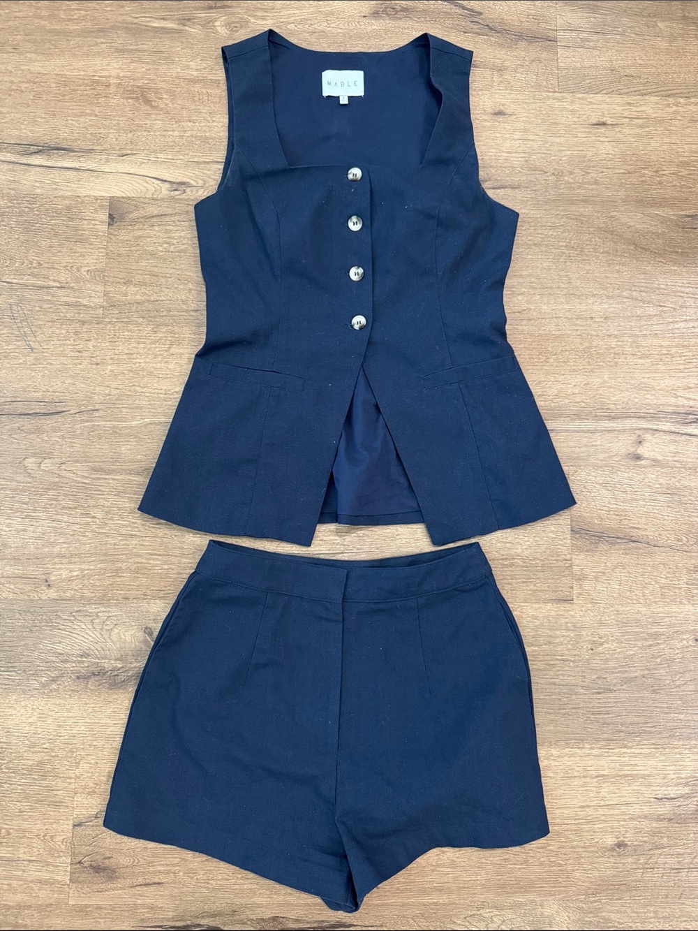 Mable Navy Two-Piece Set — Tailored Vest & High-Waist Shorts